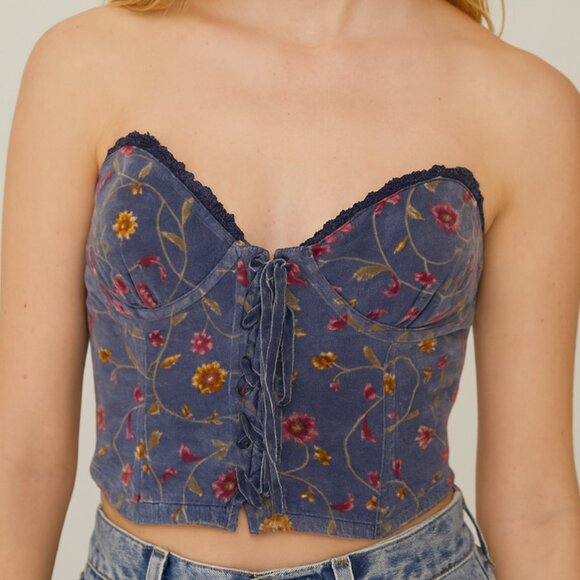 VINTAGE Y2K VICTORIA'S SECRET COUNTRY 36B FLORAL BLUE VELVET BUSTIER CORSET TOP. - Picture 1 of 16